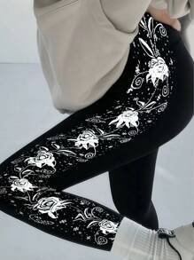 1 件女士时尚优雅银箔印花侧条纹紧身弹力九分裤，休闲日常穿着和运动紧身裤 - 黑色 - 查看 10