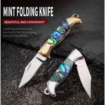 Mini Shell Folding Knife - Iridescent Mother-Of-Pearl Blade, Portable Keychain,Design,Ambidextrous Outdoor Survival, Ambidextrous,  Mini Utility Knife, Camping Essentials, Abalone Inlay Handle, Durable Blade. Men'S Knife Gift
