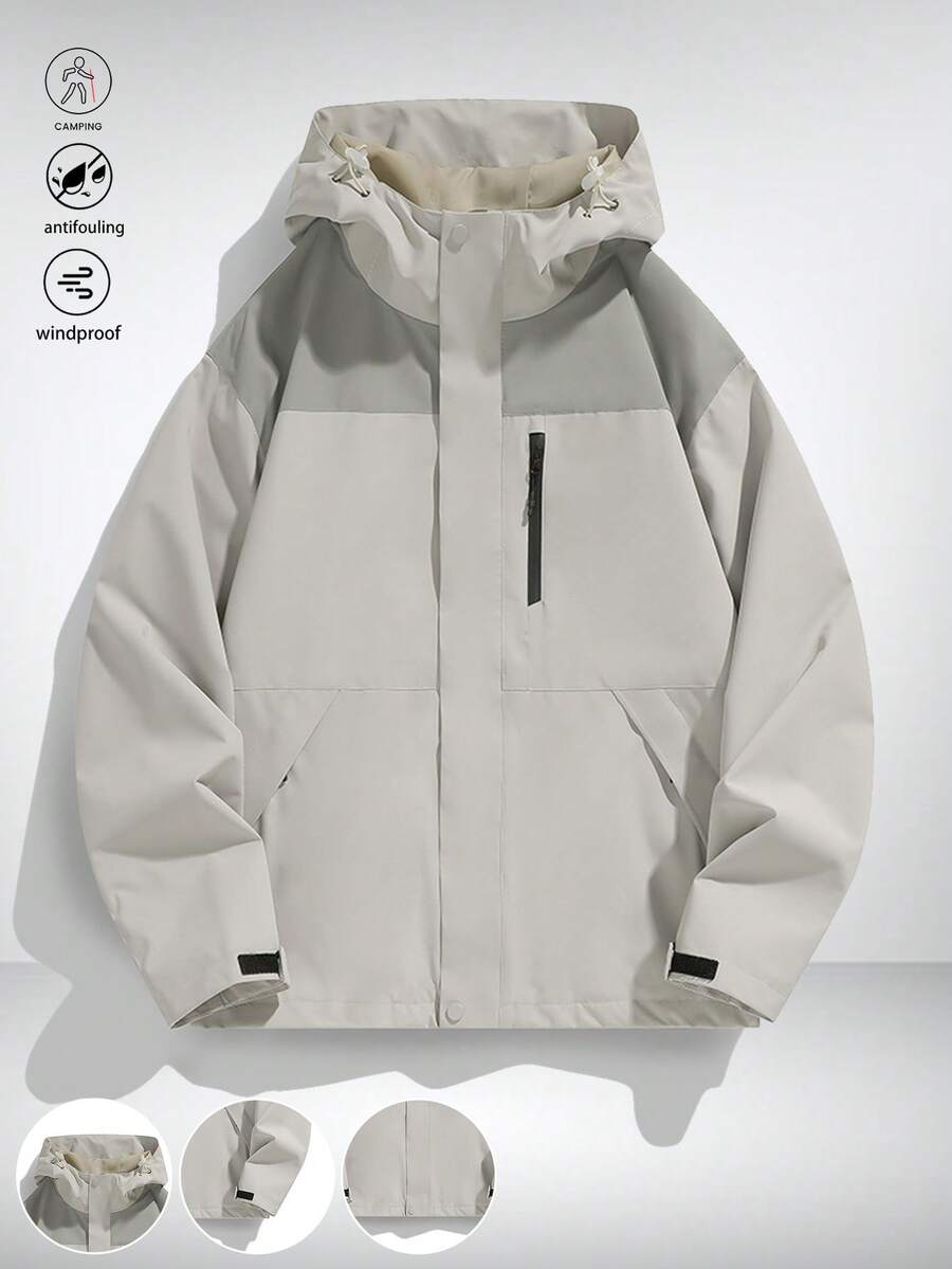 1 pezzo Giacca con cappuccio da uomo, stile urbano e all'aperto con blocchi di colore, tasche con cerniera frontale regolabile, adatta per pendolarismo, campeggio nel fine settimana, esplorazione della città, abbigliamento casual