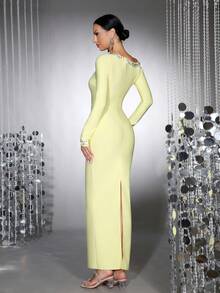 Neues modisches funkelndes Strass-Dekor Laptop Nieten Diagonale Schulter Sexy Schlitz Bandage Kleid, elegantes Abendkleid für Damen für Hochzeit, Party, Urlaub - Hellgelb - Übersicht 8