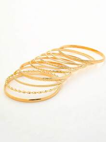 10 件/套女士金属手镯套装，个性化波西米亚风格波浪图案光滑表面纹理袖口手镯，适合送礼、派对、日常佩戴 - 金色 - 查看 5