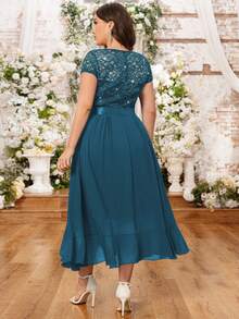 Plus V Neck Sequin Lace Bodice Ruffle Split Thigh Chiffon Evening Party Long Dress, Elegant Wedding Guest Dress, For Birthday, Graduation, Homecoming - Dusty Blue - View 2