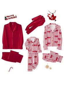Family Matching Pajama Set Lapel Neck Button-Up Long Sleeve Tops Long Pants 2-Piece Bow/Solid Color Loungewear Outfit - Red - View 3