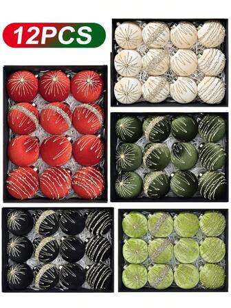12件套圣诞主题派对闪亮钻石绒面高级质感圣诞装饰品，圣诞系列色彩协调的圣诞球，可悬挂于圣诞树上作为装饰，是圣诞用品的理想之选。