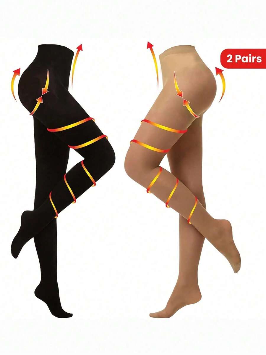 2 Pairs Women High Waist Compression Tights, Suitable For Autumn/Winter, Cozy - Multicolor - View 1