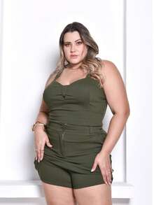 Women's Plus Size Short And Cropped Skirt Set - Army Green - View 3
