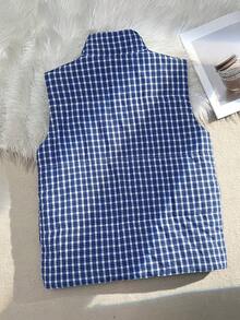 Women's Korean/Japanese Style Casual Blue Plaid Vest, Layered Outerwear, Sleeveless, Loose Cotton Jacket, Autumn/Winter