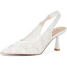 Slingback Wedding Heels For Women Bridal Lace Mesh Kitten Heel Closed Pointed Toe Pearl Pumps Shoeshalloween - White Lace - View 10