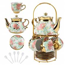 20-Piece Porcelain Tea Set With Metal Stand - Elegant European Floral Tea Cups & Saucers Set, Gold-Trimmed Coffee Service W/ EPS Foam Packaging, Stackable Porcelain Cups & Saucers For Afternoon Tea Gift - 款式2 - 查看 2