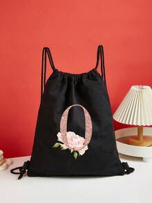 Drawstring Backpack Sports Backpack Women Drawstring Shoe Bags For Travel Storage Bags Rose Gold Initials Name Letter Pattern Gym Bags Lightweight Drawstring Bag Travel Bags Cloth Bags Dust Storage Pouch For Outdoor Duffle Sports Bag Schoolbag Bundle Tote Bag For Student Sports Back Pack Latter Print - Black - View 5