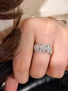 1 件不锈钢玫瑰金十字锆石戒指，时尚个性化奢华可调节女士戒指 - 銀色 - 查看 10