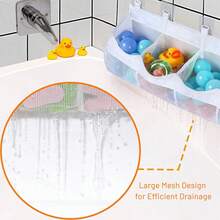 Organizator mare pentru jucării de baie, cu 4 compartimente, cu uscare rapidă, din plasă, cu 5 cârlige, acces și sortare ușoară, capacitate mare de depozitare în colț pentru baie, suport multifuncțional (roz)