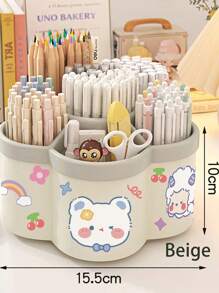 1pc Rotating Pen Holder Organizer, High Capacity, Compartments, Suitable For Student, Children Desk, Creative Pen Rack, Minimalist Design (Random Sticker Pattern)