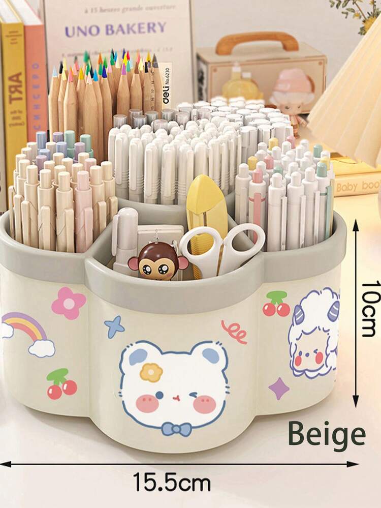 1 pieza Organizador giratorio para portalápices, alta capacidad, compartimentos, adecuado para estudiantes, escritorio de niños, estante creativo para bolígrafos, diseño minimalista (patrón de pegatinas aleatorio) - Multicolor - Añade 10
