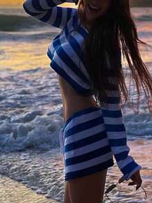 Summer Vacation Two-Piece Set Women's Sexy Off Shoulder Knitted Top And Adjustable Shorts Striped Outfit" - 藍白色 - 查看 3