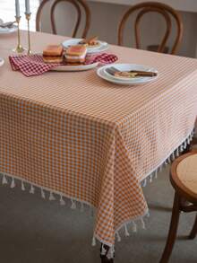 MeijiaMo 1pc Orange & White Plaid Printed Rectangular Tablecloth, Rustic & Fresh Farmhouse Style For Dining Table, Kitchen, Hotel, Bedroom, Living Room, Party & Holiday Decor, Handmade Tassel Trim - Orange - View 5