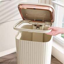 Senmeo [Light Luxury Style Dual-Opening Trash Can], 14L Large Capacity, Hand-Press + Foot-Pedal Dual Opening, Cream Yellow + Rose Gold, Household Storage Bin - 奶油黃+玫瑰金 - 查看 4