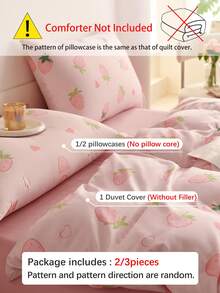 2/3件套柔粉色草莓图案床上用品套装，甜美可爱学生风，适合学生、男生女生宿舍装饰，包含被套和枕套，春夏款，提供单人床、双人床、大号双人床尺寸。 - 粉色 - 查看 4