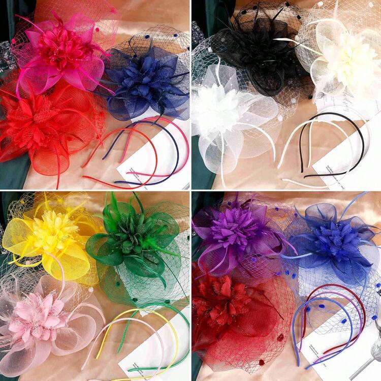 Fascinators Hats Women Tea Party Hat Mesh Headband Vintage Lace Cocktail Headwear Hair Clip Church - 米色 - 查看 10
