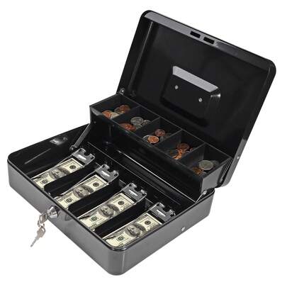  HOMEYUER Cash Box With Lock, Money Box With Cash Tray, Lock Metal Box With Key, Money Saving Organizer, BLACK