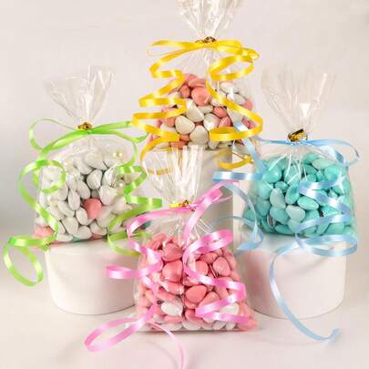100 Pcs Sweet Cellophane Bags 10x15cm Clear Cello Bags Sweet Treat Bags With Gold Twist Ties Ribbons For Candy Cookie Snacks Chocolates Wrapping Birthday Christmas Party Supplies(Random Color Ribbon 1 Roll)