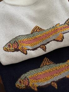 Women Fall Fish Sweater Round Neck Long Sleeve Graphic Print Jumper Casual Solid Color Basic Knit Pullover Tops Loose Knitwear - Màu xanh hải quân - Xem 3