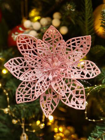 20pcs/10pcs/1pc Christmas Tree Ornaments, Poinsettia Christmas Tree Decorations, Christmas Decorations, Glitter Artificial Poinsettia Flowers, DIY Wreath, Home Decor, Wedding Party, Christmas Gift Decorations, Christmas Decorations, Holiday Party Decor, Christmas/Holiday/Seasonal/Wedding Christmas Tree Ornaments, Sparkling Christmas Wooden Twig Decorations
