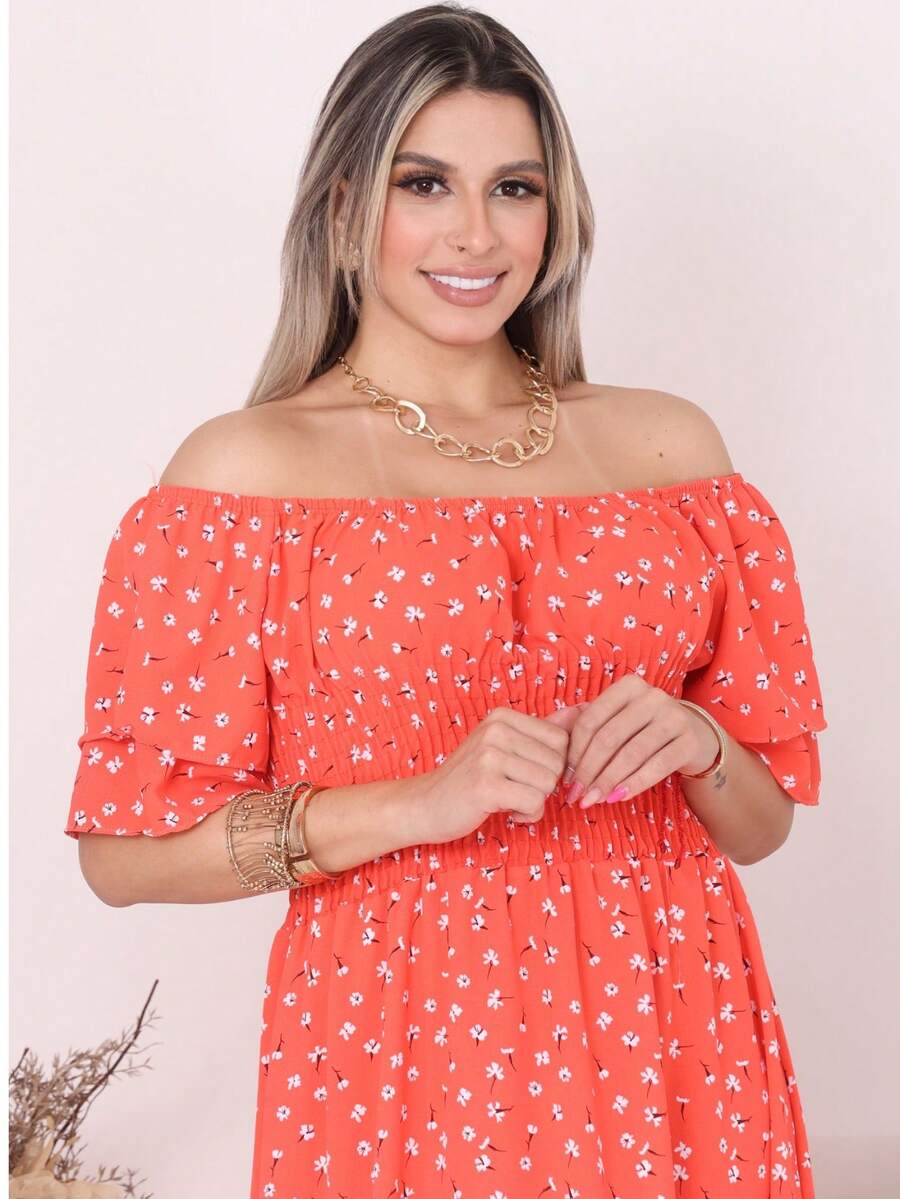 Women's Long Midi Dress With Puffer Sleeves And Frills, Off-The-Shoulder, Tres Marias Floral - ORANGE FLOWER - View 1