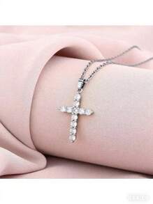 1pc Fashionable Cubic Zirconia Cross Stainless Steel Pendant Necklace, Suitable For Daily Wear, Party And Casual