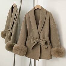 OFTBUY Einfarbige Jacke mit langen Ärmeln, loser Taille, Gürtel, Fellimitat-Patchwork und Wollmischung, lässiger Street-Style für Herbst/Winter & Feiertage - Aprikosenfarben - Übersicht 3