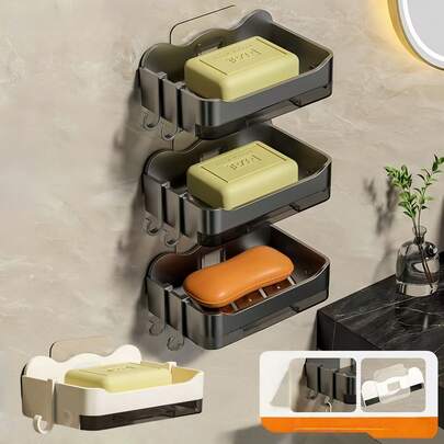 2个免打孔塑料壁挂式香皂盒，一个独特的塑料皂液器，一个香皂架，一个带沥水架的香皂盒。免打孔塑料香皂盒适用于浴室、卫生间和厨房。带托盘壁挂式香皂盒适用于宿舍和家居装饰。