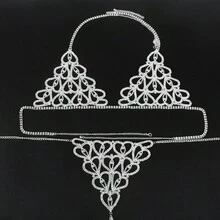 1 套银色水晶水钻身体链首饰，性感闪亮比基尼文胸内衣派对身体配饰，合金和水钻，奢华水钻文胸配饰，迷人心形几何性感夜总会女士私密配饰 - 彩色 - 查看 5