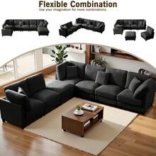 1PC, Modular Combination Sofa, L-Shaped Sofa For 7 Seats, Sectional Sofa Couches, Free Combination, Removable Modules With Wooden Legs And Upholstery, U-Shaped Sofa For Living Room And Office, Large Space, Living Room Furniture, Home Decor, Black Grey - 黑色 - 查看 3