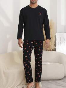 Spring And Autumn Men's Pajamas Round Neck Pullover Pug Cute Puppy Print Long Sleeve Top & Pants Two Pieces Home Clothes Set, For Fall Winter - Black - View 1
