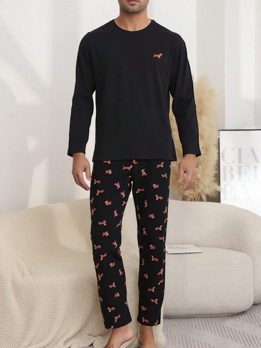 Spring And Autumn Men's Pajamas Round Neck Pullover Pug Cute Puppy Print Long Sleeve Top & Pants Two Pieces Home Clothes Set, For Fall Winter - Black - View 1