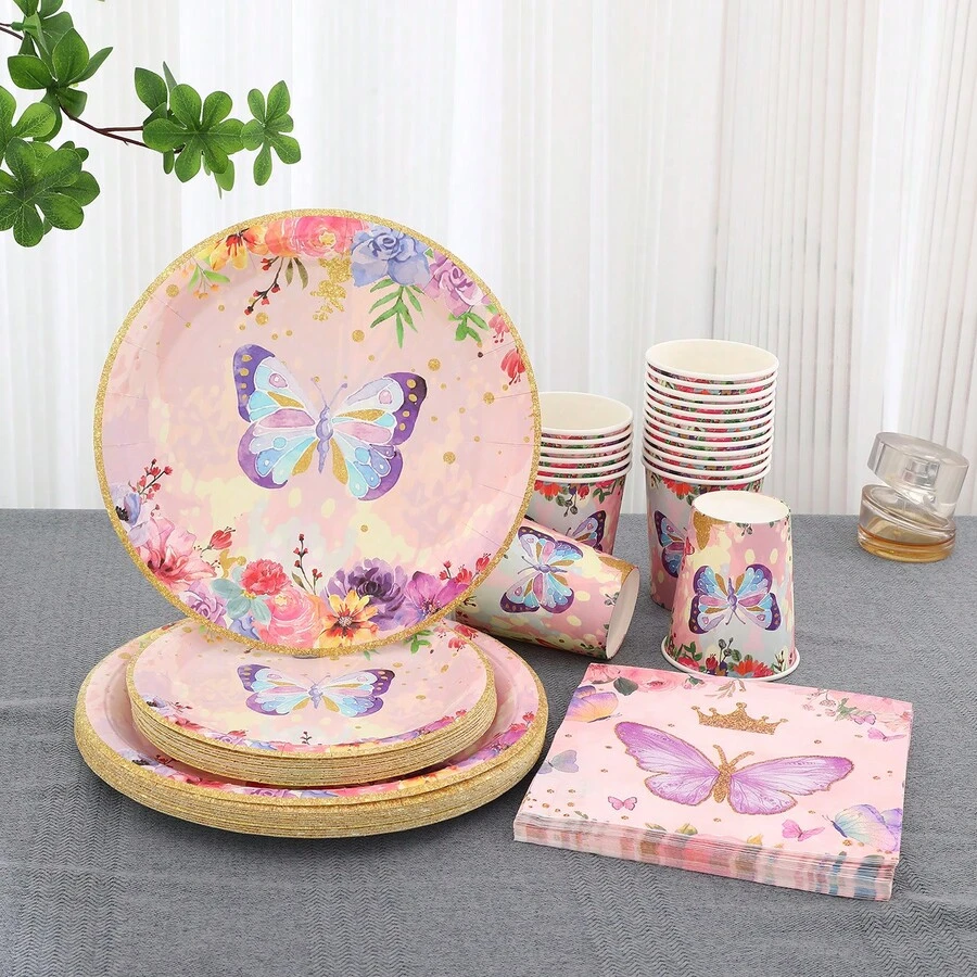 80件/套卡通蝴蝶生日派对餐具套装，9英寸和7英寸纸盘，甜点盘，杯子 - 彩色 - 查看 1