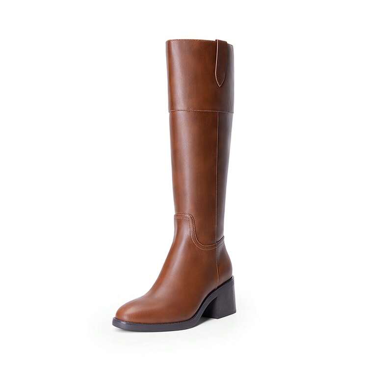 Women's Knee High Boots Chunky Heel Side Zip Tall Boots Classic Solid Color Retro Fashion Boots For Outfits Autumn/Winter - 摩卡棕 - 查看 3