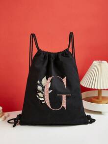 Drawstring Backpack Sports Backpack Women Drawstring Shoe Bags For Travel Storage Bags Rose Gold Initials Name Letter Pattern Gym Bags Lightweight Drawstring Bag Travel Bags Cloth Bags Dust Storage Pouch For Outdoor Duffle Sports Bag Schoolbag Bundle Tote Bag For Student Sports Back Pack Latter Print - Black - View 30