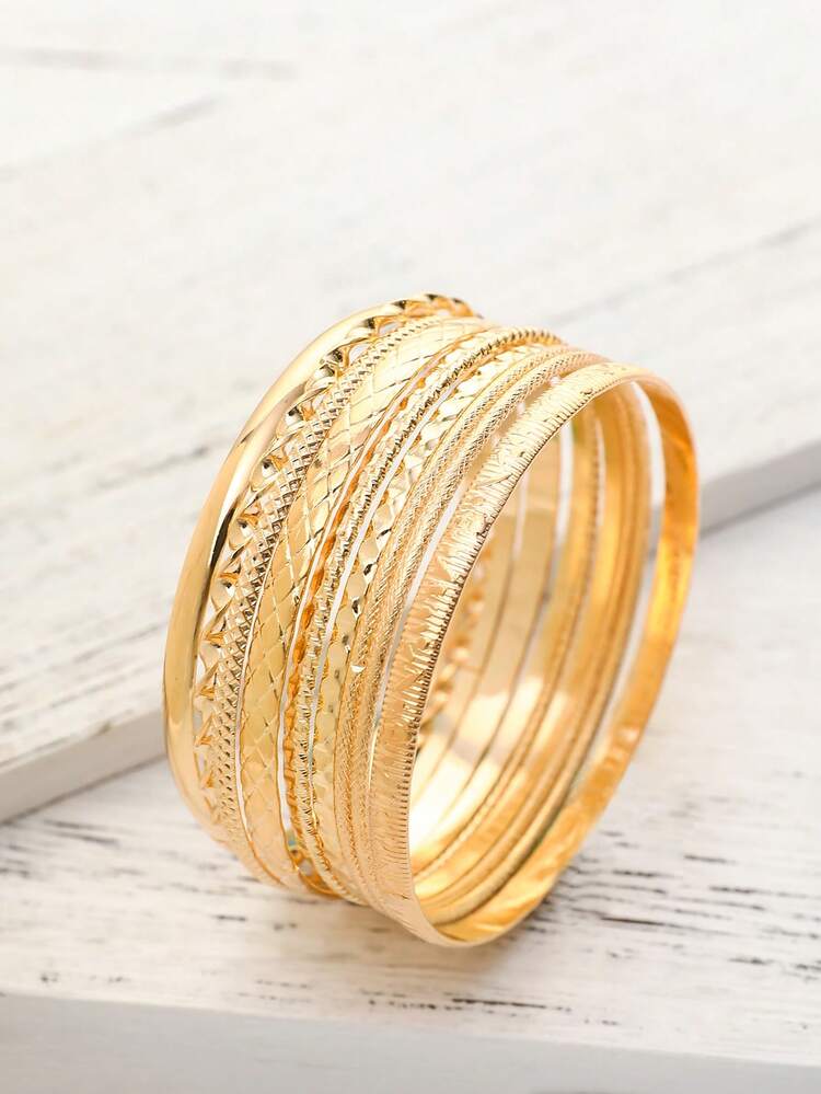 10 件/套女士金属手镯套装，个性化波西米亚风格波浪图案光滑表面纹理袖口手镯，适合送礼、派对、日常佩戴 - 金色 - 查看 4