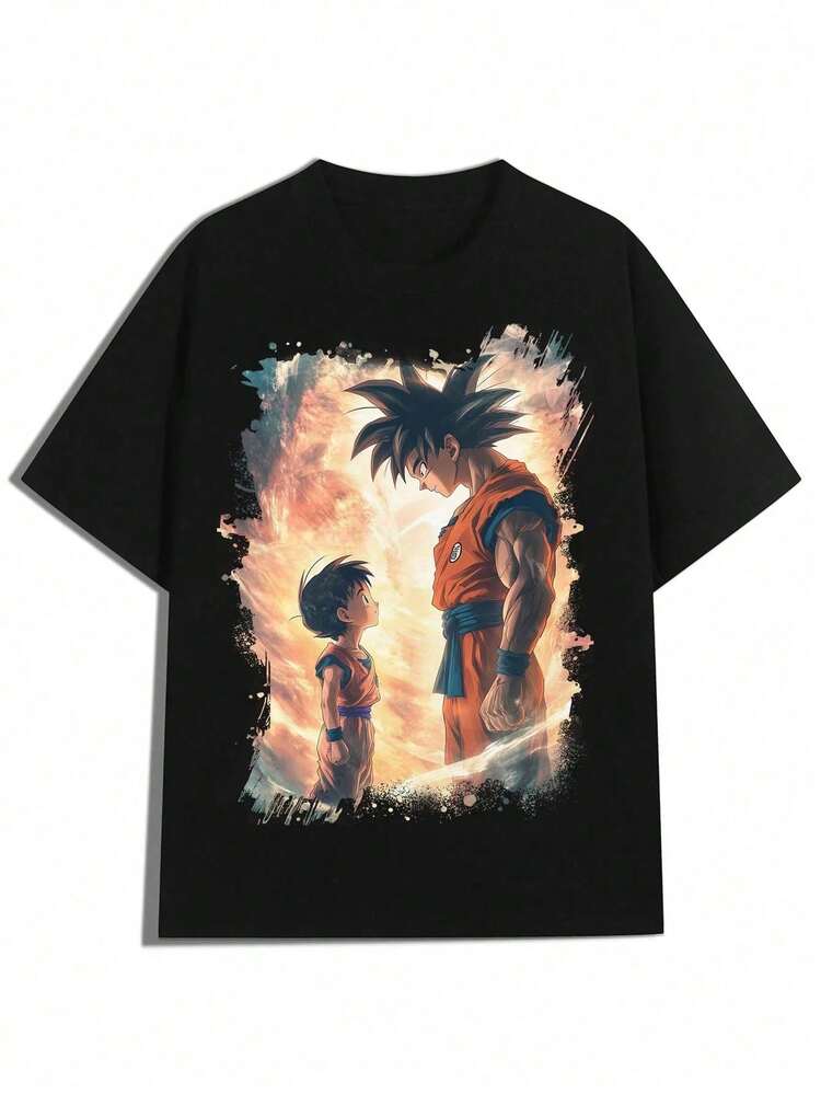 Men's Fashionable Multi-Purpose T-Shirt With An Illustration Of And A Young Boy In Dynamic Pose - Crew Neck 100% Cotton 180g - Negro - Añade 3