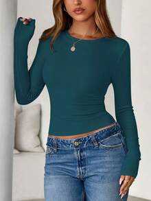 Women Spring And Fall Long Sleeve Shirts Ribbed Crewneck Fitted Basic Tee Going Out Tops Casual Workout Vacation Outfits - 孔雀藍 - 查看 3