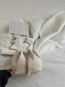 Mini Fashionable Solid Color Hollow Straw Chain Drawstring Bucket Mini Crossbody Bag