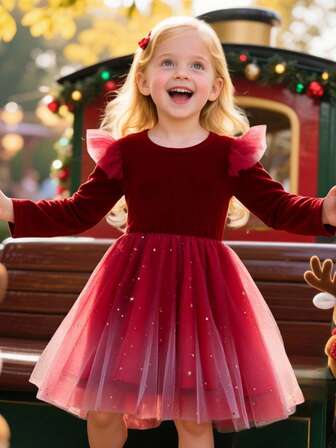Young Girls Velvet Long Sleeve Round Neck Sequin Ombre Mesh Princess Dress, Suitable For Party, Outdoor, Daily Wear, Vacation