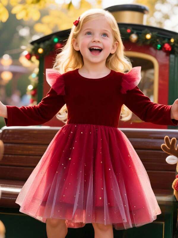 Kleine Mädchen Samt Langarm Rundhals Pailletten Farbverlauf Mesh Prinzessin Kleid, geeignet für Party, Outdoor, Alltag, Urlaub