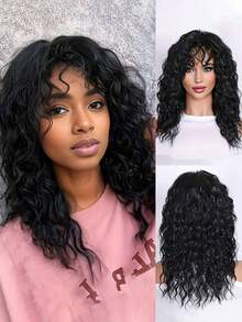 Billowig Pretty Brown & Black Wig With Bangs, Natural Messy Medium Length Curly Hair, Synthetic Wig-Lightweight & Heat-Friendly & Beginners Friendly , Suitable For Woman Daily, Gatherings, Cosplay, Halloween, Costume Parties, Music Festivals, Weddings And Balls - 黑色 - 查看 1