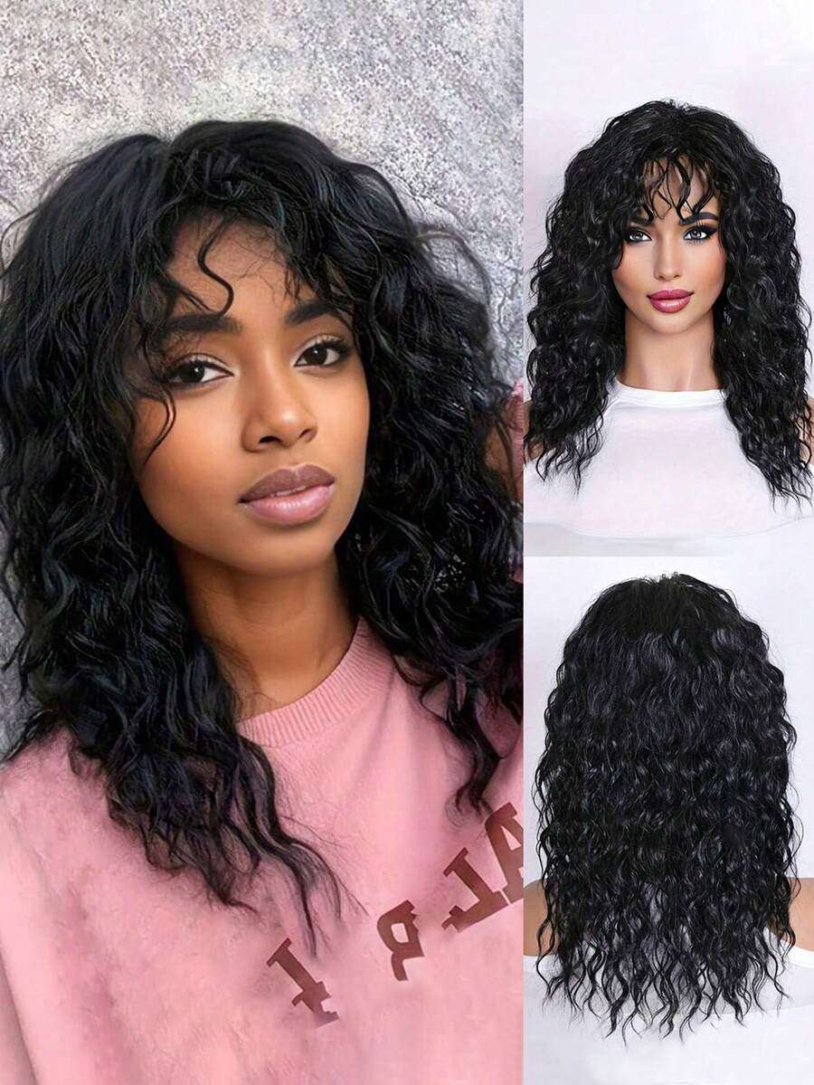 Billowig Pretty Brown & Black Wig With Bangs, Natural Messy Medium Length Curly Hair, Synthetic Wig-Lightweight & Heat-Friendly & Beginners Friendly , Suitable For Woman Daily, Gatherings, Cosplay, Halloween, Costume Parties, Music Festivals, Weddings And Balls - 黑色 - 查看 1