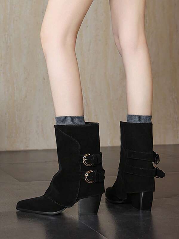 Vintage Western Style Chunky Heel Pointed Toe Ankle Boots With Belt Buckle