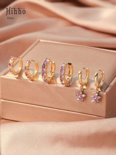 Hihho 6 件优雅环形耳环套装，女士花朵耳钉，经典紫色吊坠耳环，精致小环形耳环
