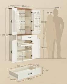 VASAGLE Credenza, Mobile da Cucina Alto 178,6 cm con Ante in Stile Fienile, Cassetto, Vassoio, Ripiani Regolabili, Dispensa per Cucina Sala da Pranzo, Bianco Vintage - Bianco - Visualizzare 6