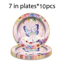 80件/套卡通蝴蝶生日派对餐具套装，9英寸和7英寸纸盘，甜点盘，杯子 - 彩色 - 查看 15